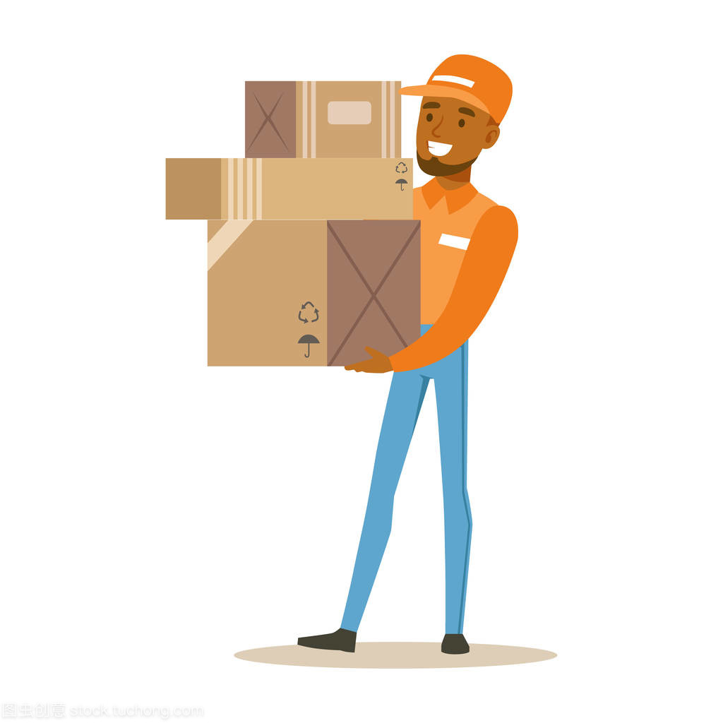 橙色的学位帽抱着堆箱子,微笑快递送包图送货服务工人