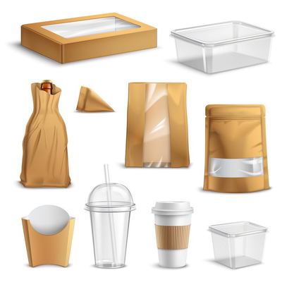 各种棕色空白包装的微波饭盒纸袋子一次性杯子等图片免抠矢量
